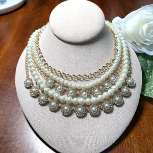 Elegant 1-5 Strand Pearl, Crystal, Gold Tone Statement Necklace